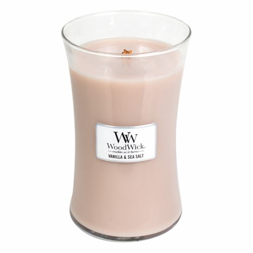 WoodWick Vnilla & Sea Salt dišeča sveča z lesenim stenjem 609,5 g