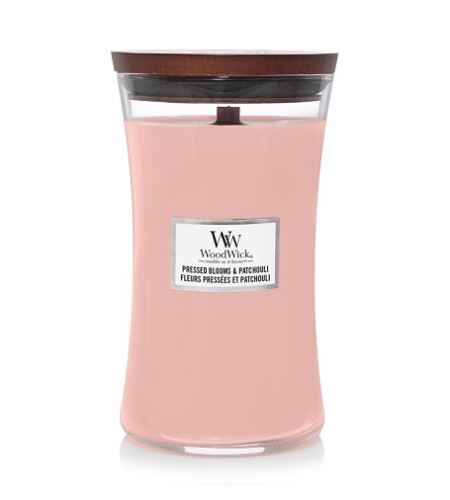 WoodWick Pressed Blooms & Patchouli dišeča sveča z lesenim stenjem 609,5 g