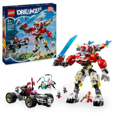 LEGO® DREAMZzz™ 71497 Cooperjev robotski oklep tigra in Zerojev dirkalnik Hot Rod