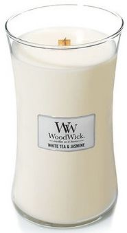 WoodWick White Tea & Jasmine dišeča sveča z lesenim stenjem 609,5 g