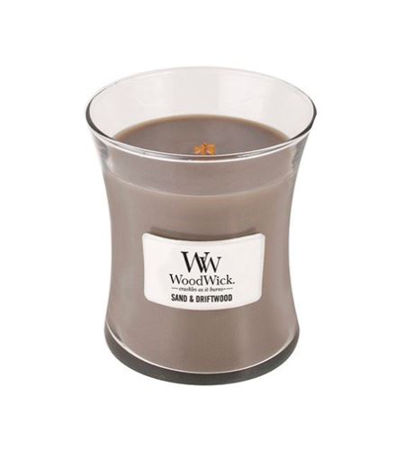 WoodWick Sand & Driftwood dišeča sveča z lesenim stenjem 275 g