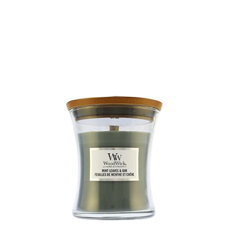 WoodWick Mint Leaves & Oak dišeča sveča z lesenim stenjem 275 g