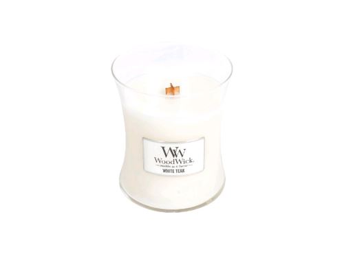 WoodWick White Teak dišeča sveča z lesenim stenjem 275 g