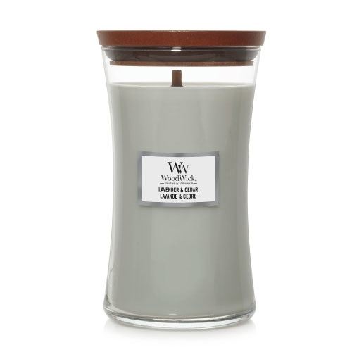 WoodWick Lavender & Cedar dišeča sveča z lesenim stenjem 609,5 g