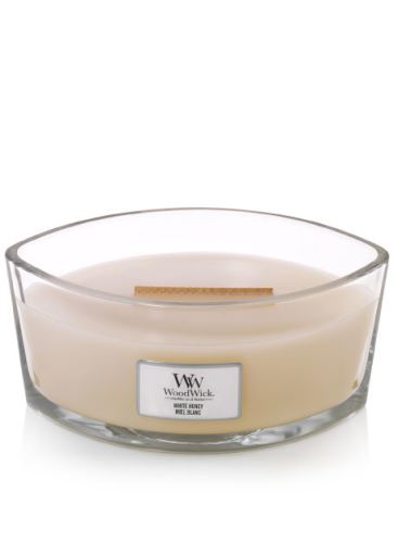 WoodWick White Honey dišeča sveča z lesenim stenjem 453,6 g