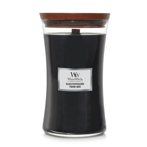 WoodWick Black Peppercorn dišeča sveča z lesenim stenjem 609,5 g