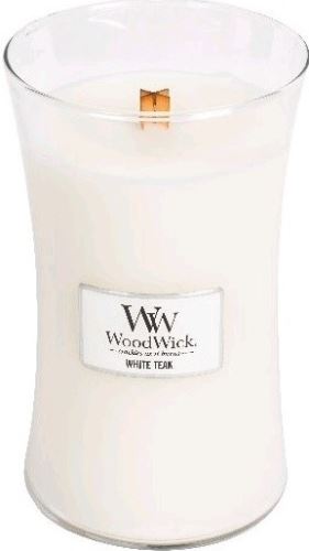 WoodWick White Teak dišeča sveča z lesenim stenjem 609,5 g