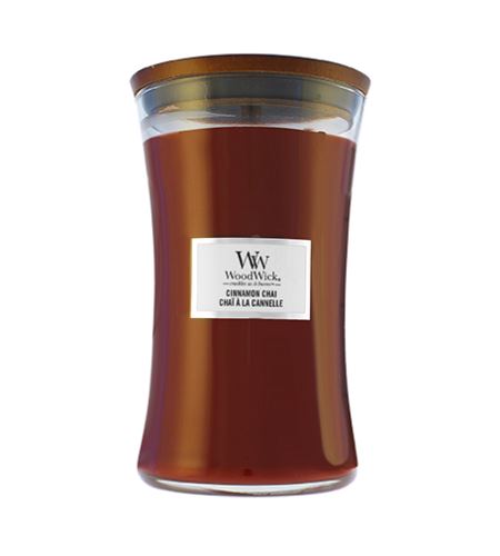 WoodWick Cinnamon Chai dišeča sveča z lesenim stenjem 609,5 g