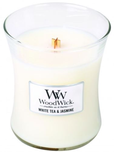 WoodWick White Tea & Jasmine dišeča sveča z lesenim stenjem 275 g