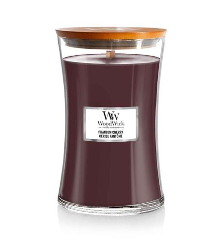 Woodwick Phantom Cherry dišeča sveča z lesenim stenjem 609,5 g