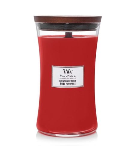 WoodWick Crimson Berries dišeča sveča z lesenim stenjem 609,5 g