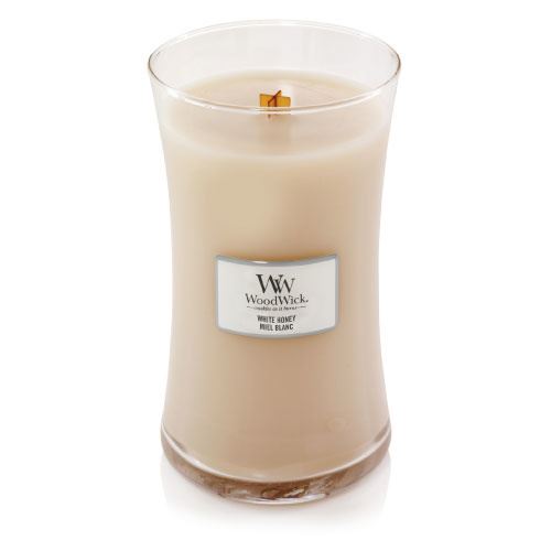 WoodWick White Honey dišeča sveča z lesenim stenjem 609,5 g