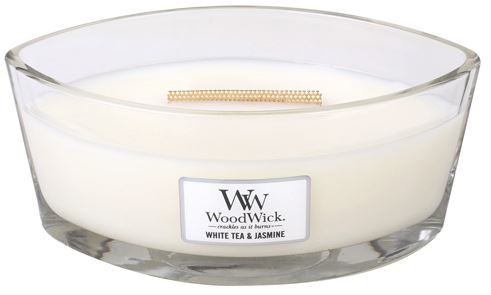 WoodWick White Tea & Jasmine dišeča sveča z lesenim stenjem 453,6 g