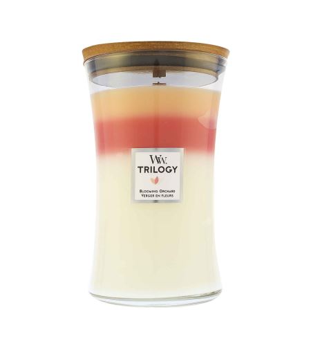 WoodWick Trilogy Blooming Orchard dišeča sveča z lesenim stenjem 609 g