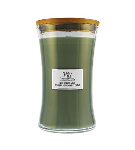 WoodWick Mint Leaves & Oak dišeča sveča z lesenim stenjem 609,5 g