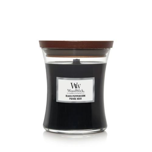 WoodWick Black Peppercorn dišeča sveča z lesenim stenjem 275 g