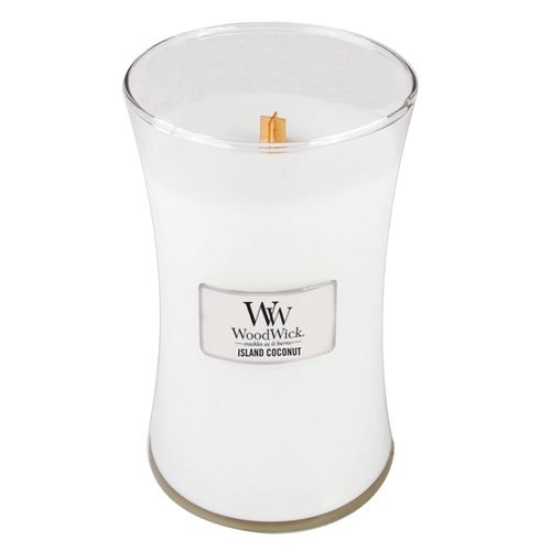 WoodWick Island Coconut dišeča sveča z lesenim stenjem 609,5 g