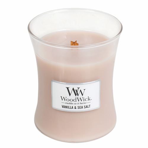 WoodWick Vanilla & Sea Salt dišeča sveča z lesenim stenjem 275 g
