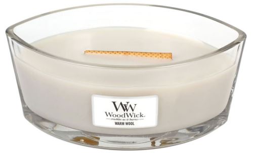 WoodWick Warm Wool dišeča sveča z lesenim stenjem 453,6 g