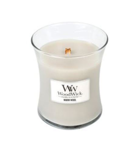 WoodWick Warm Wool dišeča sveča z lesenim stenjem 275 g