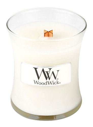 WoodWick Linen dišeča sveča z lesenim stenjem 85 g